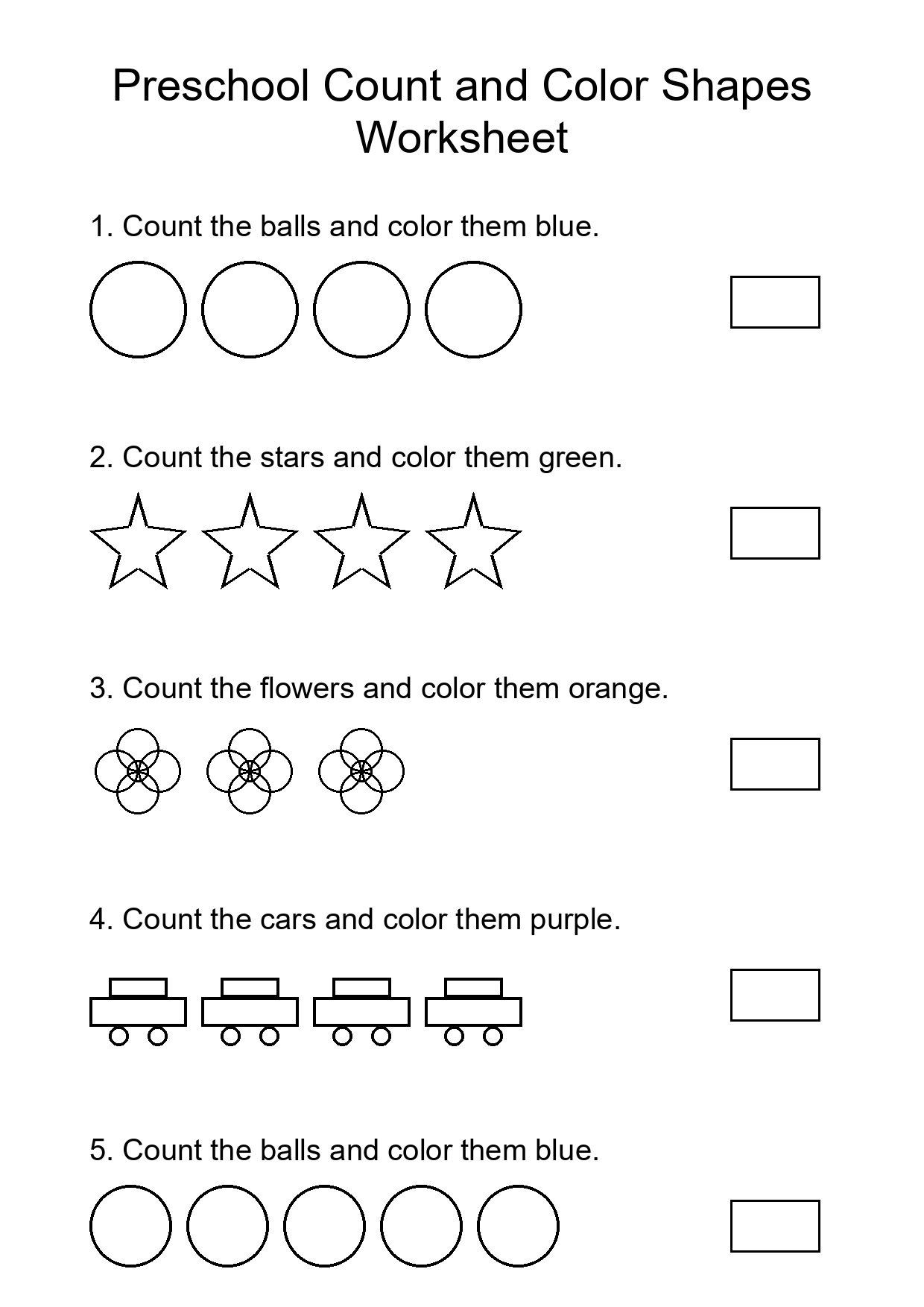 Preschool Count and Color Shapes Worksheet