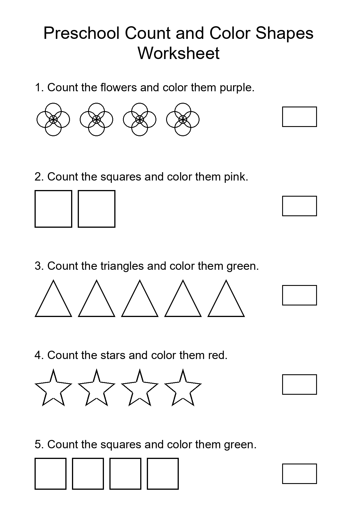 Preschool Count and Color Shapes Worksheet