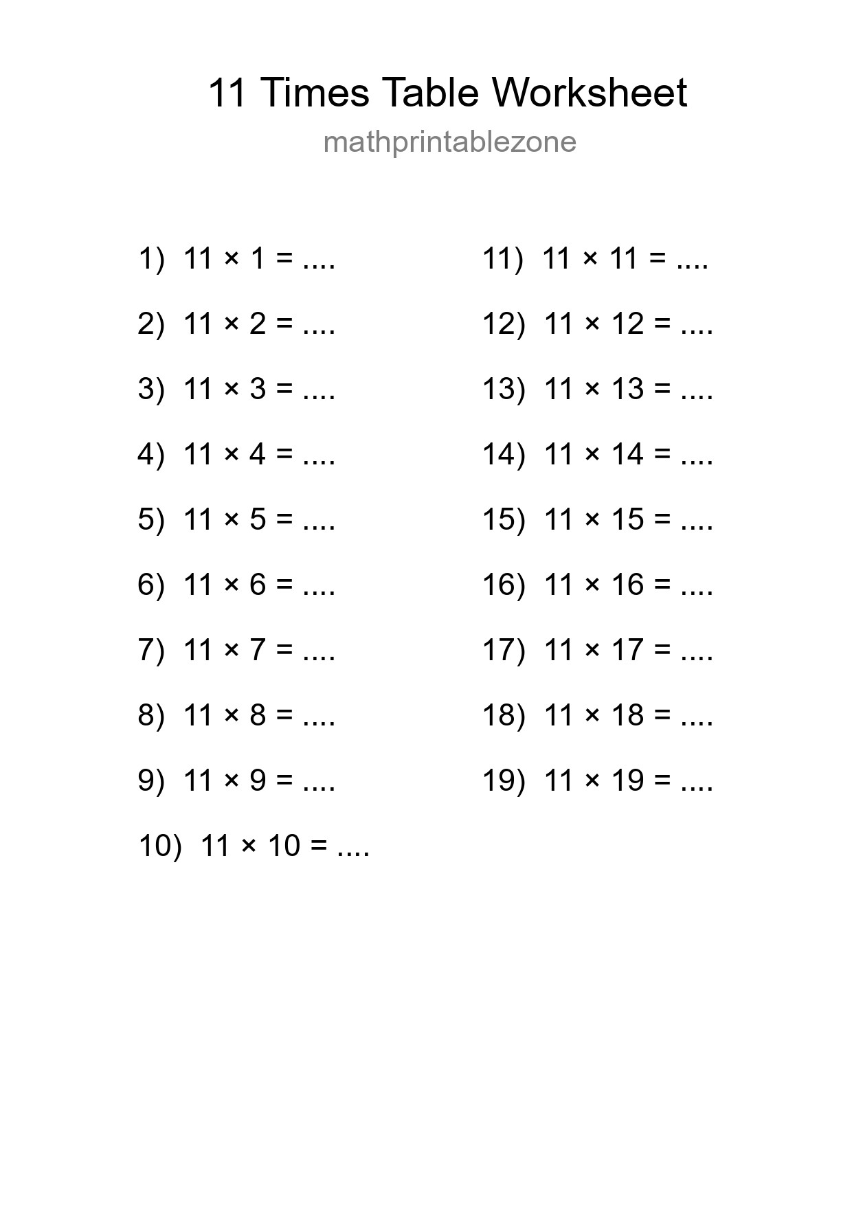 Printable 11 Times Table Worksheet For Grade 4 - Part 229