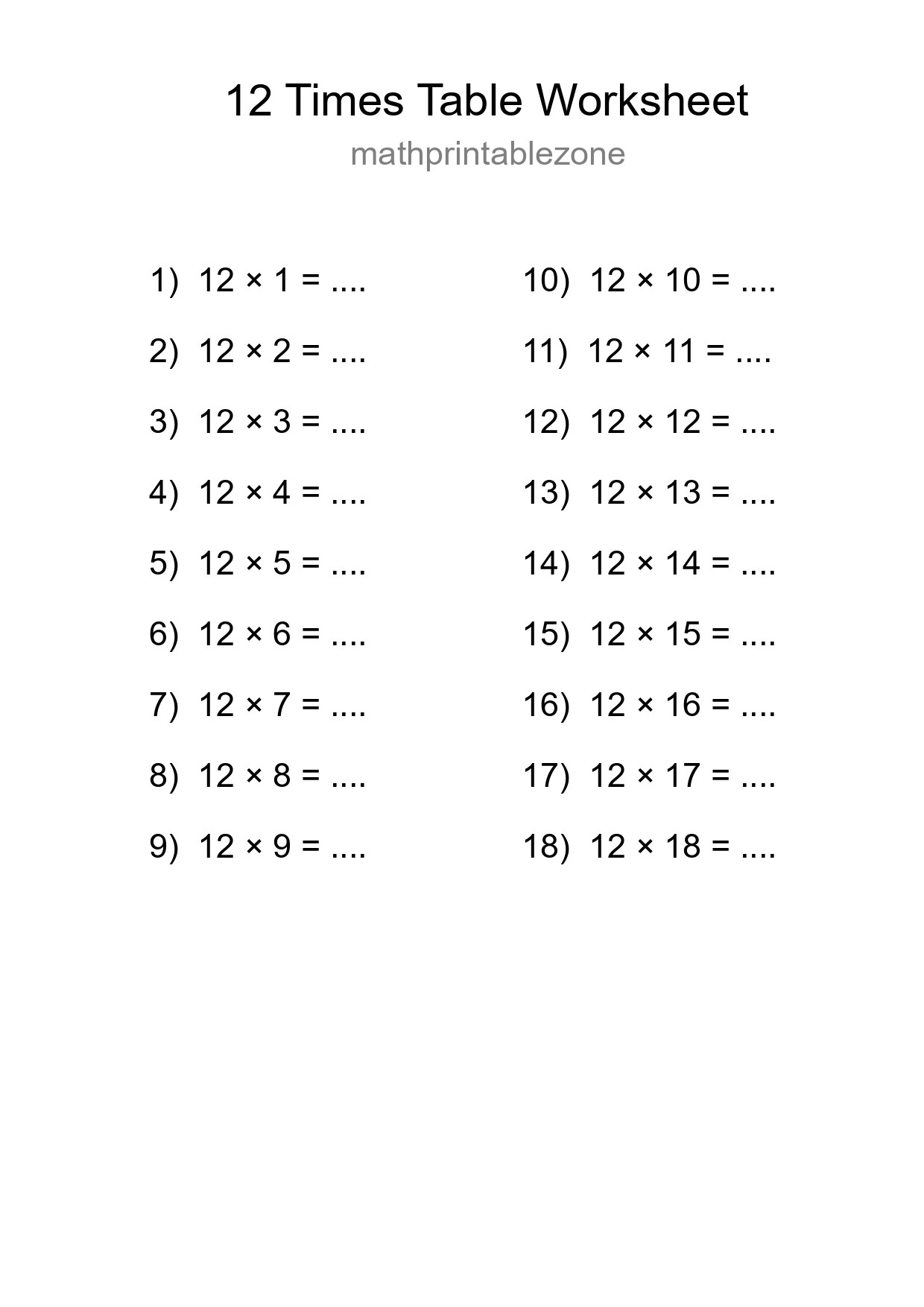 Printable 12 Times Table Worksheet For Grade 4 - Part 262