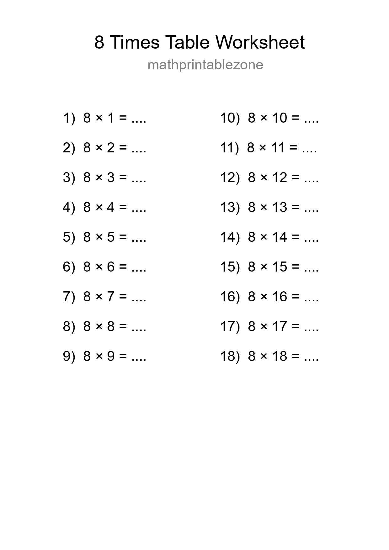 Printable 8 Times Table Worksheet For Grade 3 - Part 163