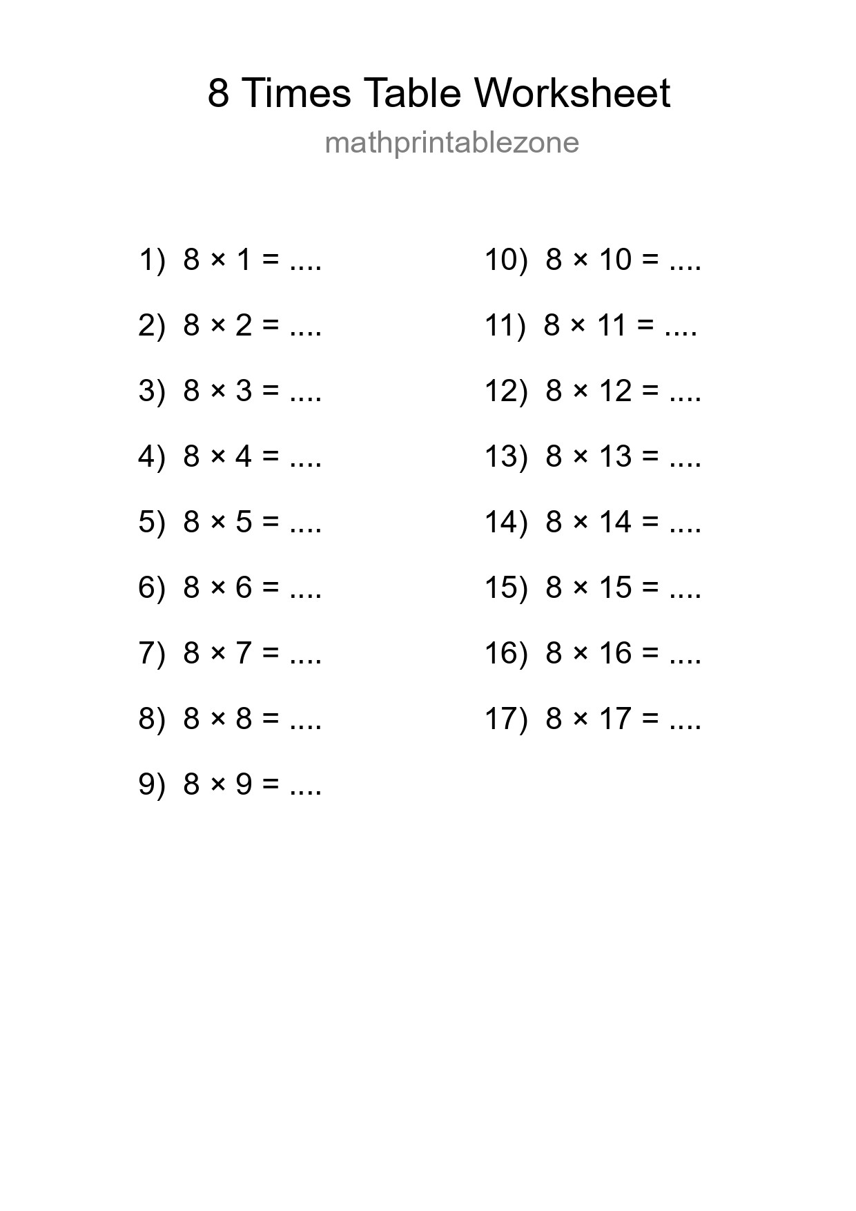 Printable 8 Times Table Worksheet For Grade 3 - Part 75