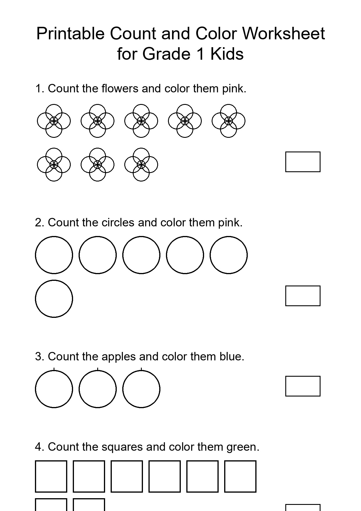 Printable Count and Color Worksheet for Grade 1 Kids