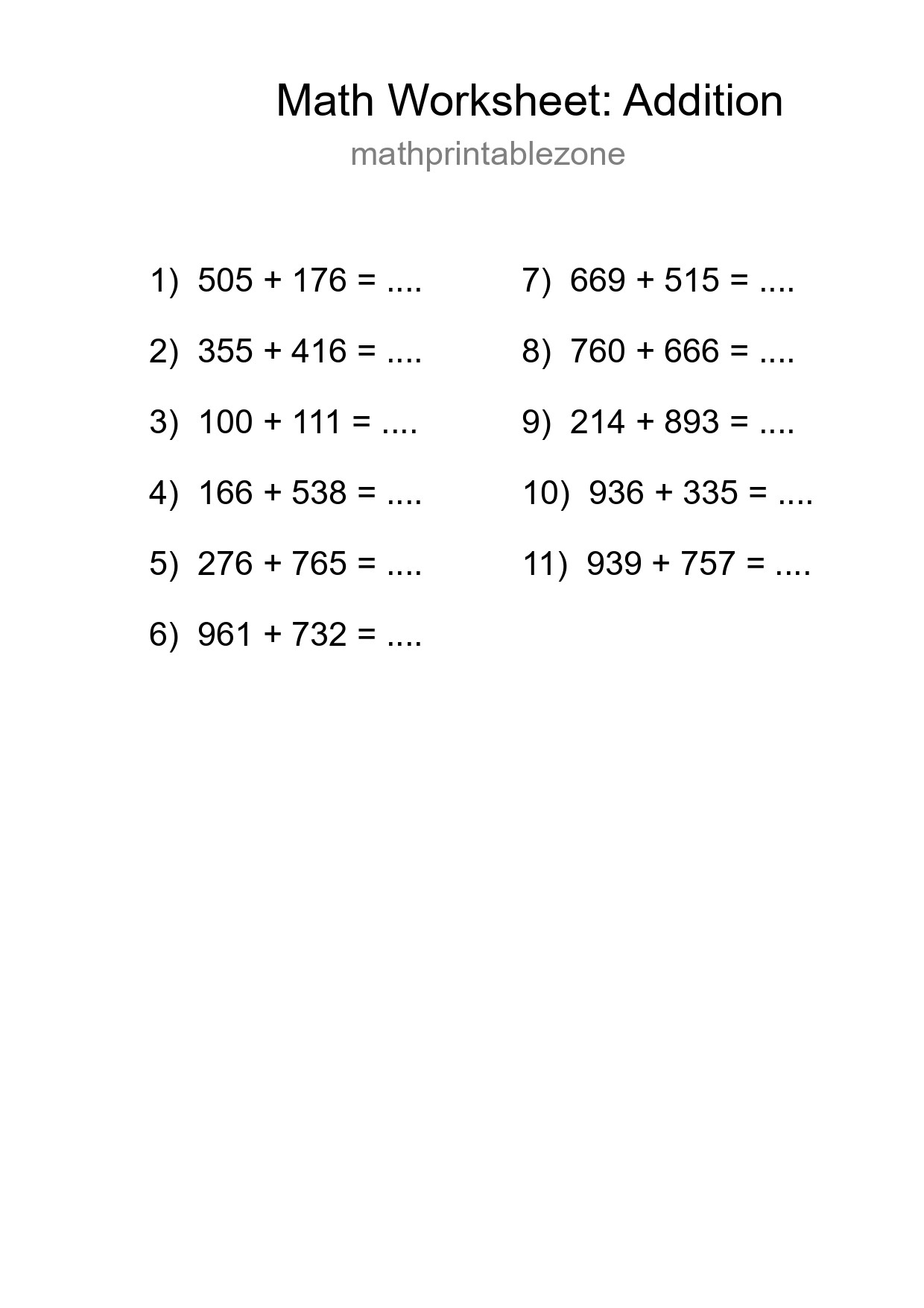 Printable Free 11 Addition Math Worksheet For Grade 5 - Part 298