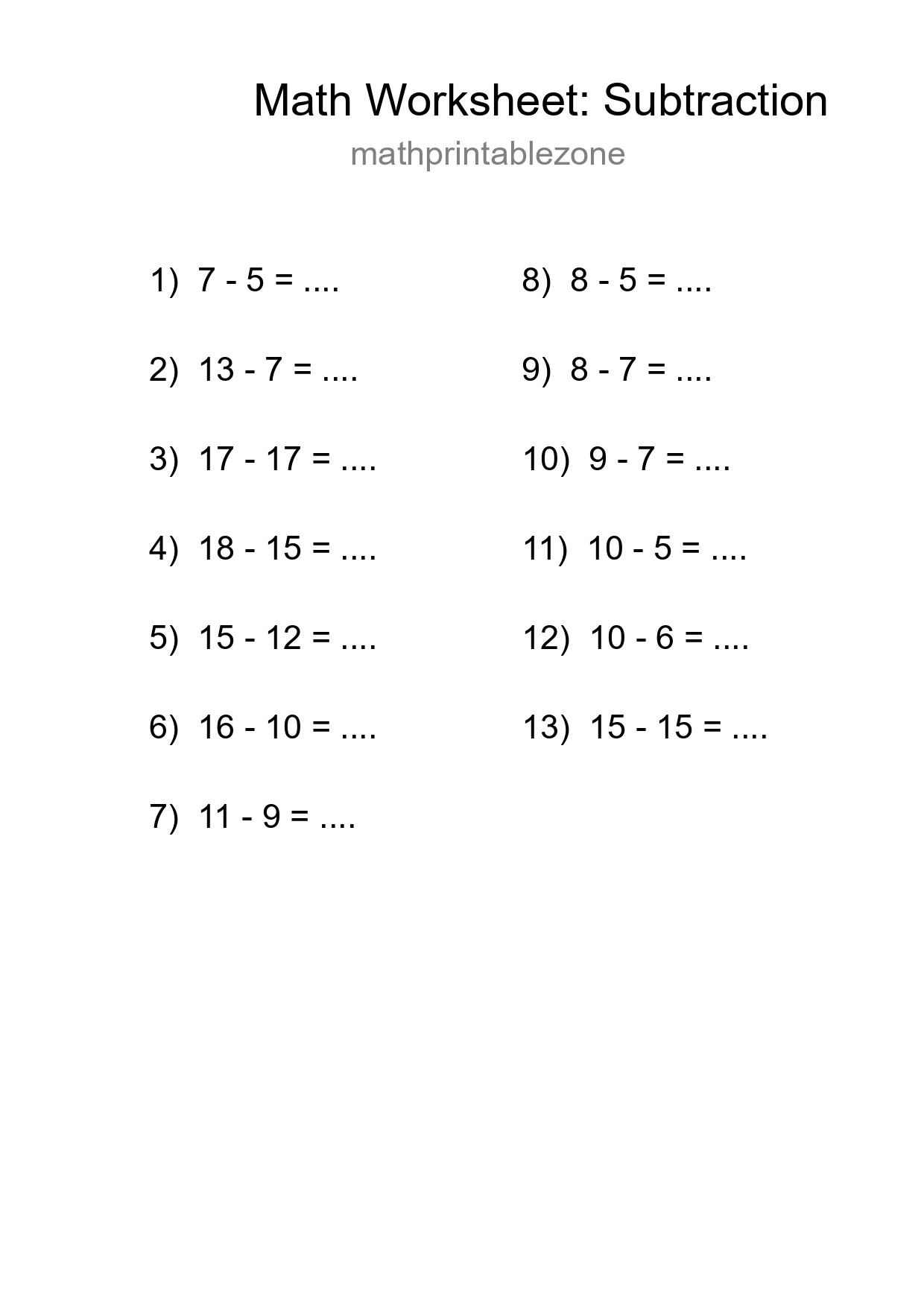 Printable Free 13 Subtraction Math Worksheet For Grade 2 - Part 250