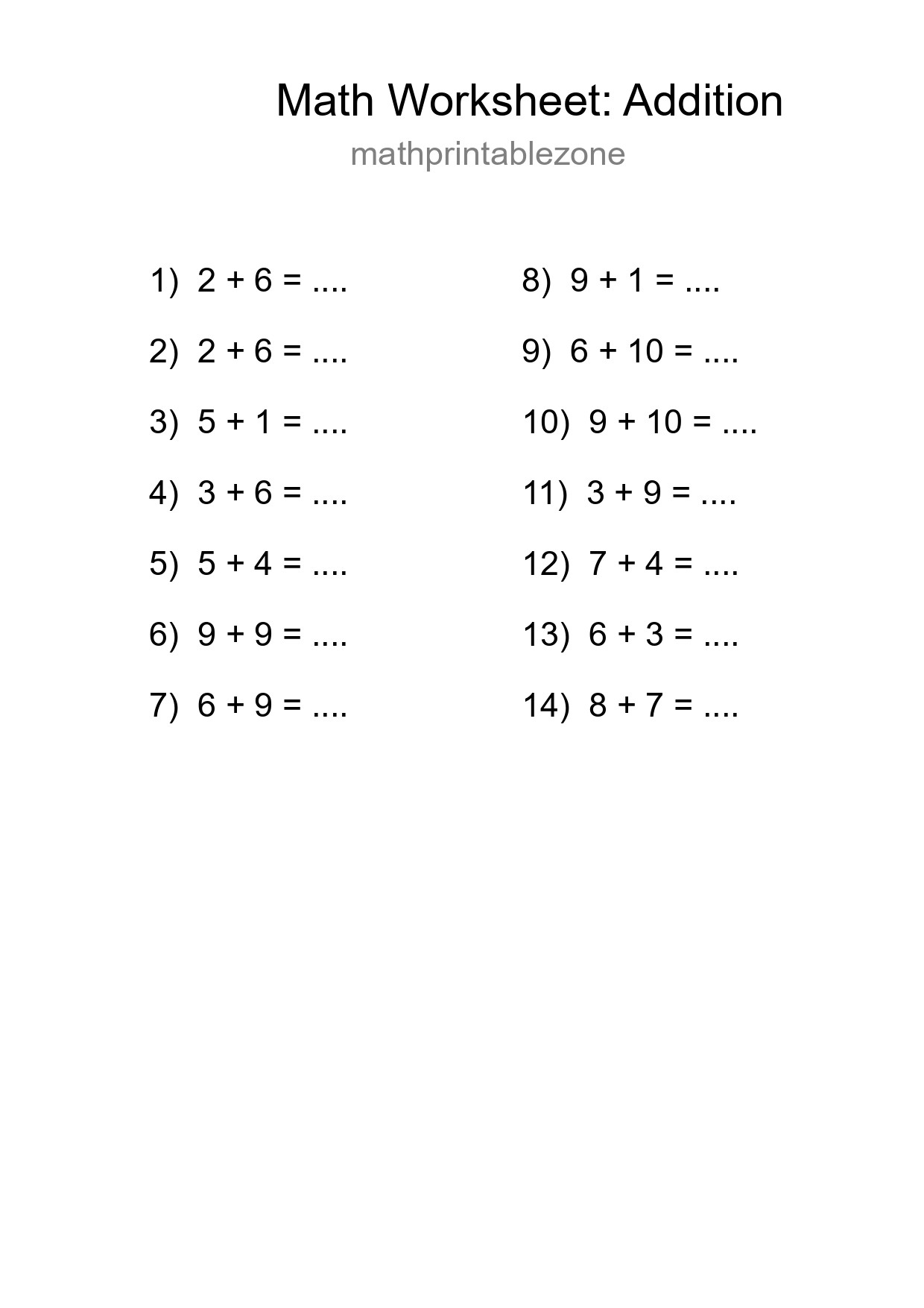 Printable Free 14 Addition Math Worksheet For Grade 1 - Part 122