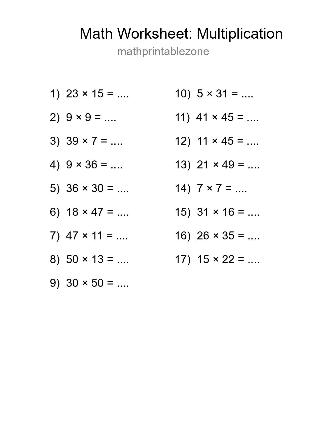 Printable Free 17 Multiplication Math Worksheet For Grade 2 - Part 117