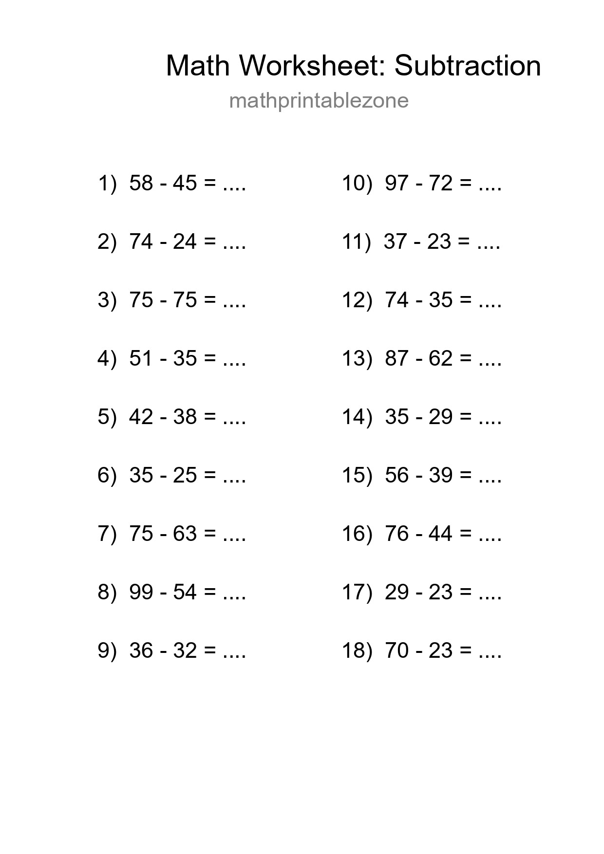 Printable Free 18 Subtraction Math Worksheet For Grade 3 - Part 173