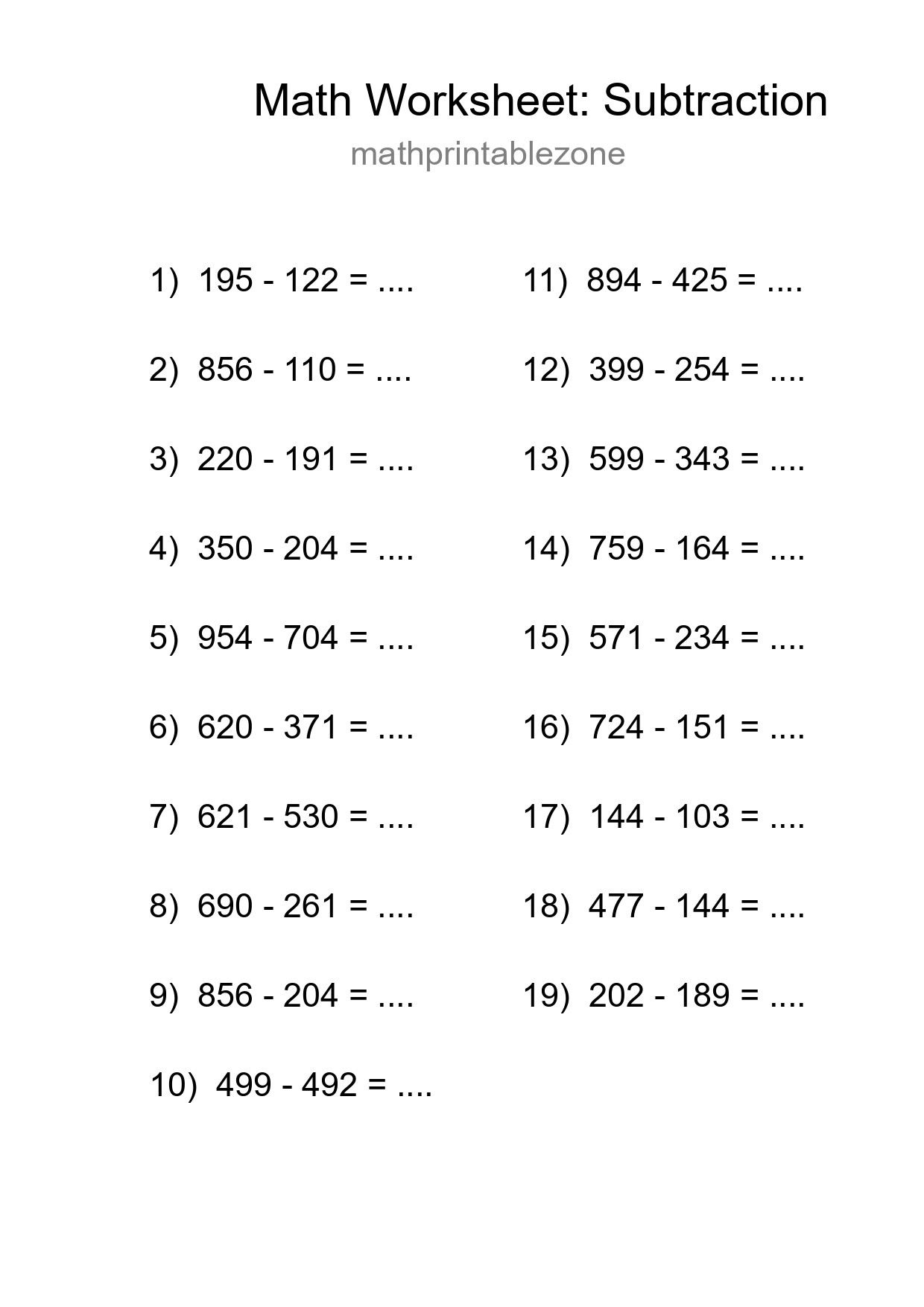 Printable Free 19 Subtraction Math Worksheet For Grade 5 - Part 228