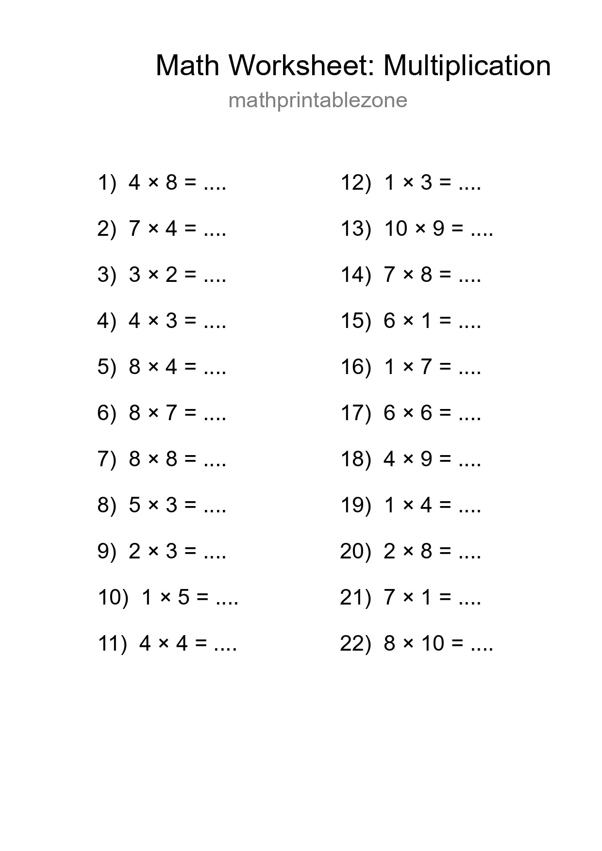 Printable Free 22 Multiplication Math Worksheet For Grade 1 - Part 216