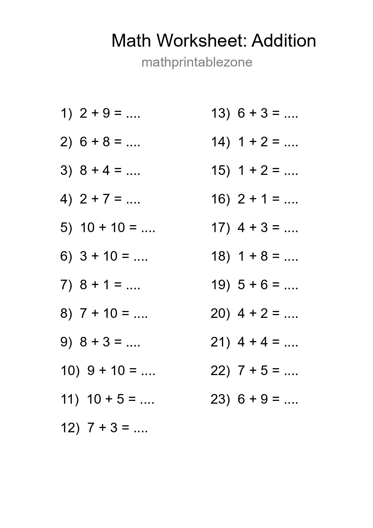 Printable Free 23 Addition Math Worksheet For Grade 1 - Part 287