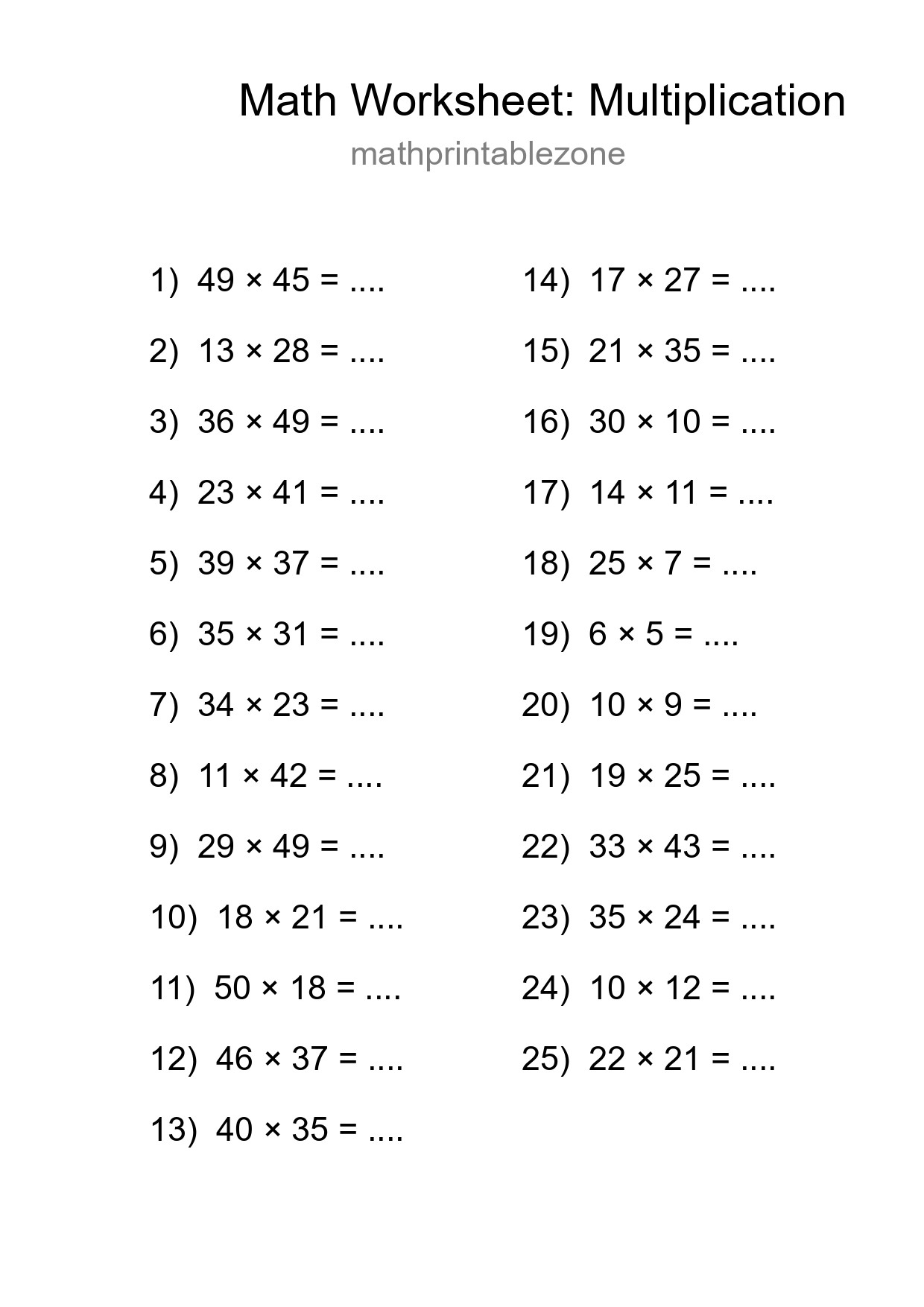 Printable Free 25 Multiplication Math Worksheet For Grade 2 - Part 238