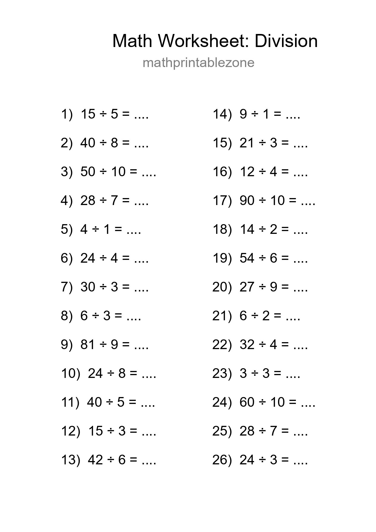 Printable Free 26 Division Math Worksheet For Grade 1 - Part 26