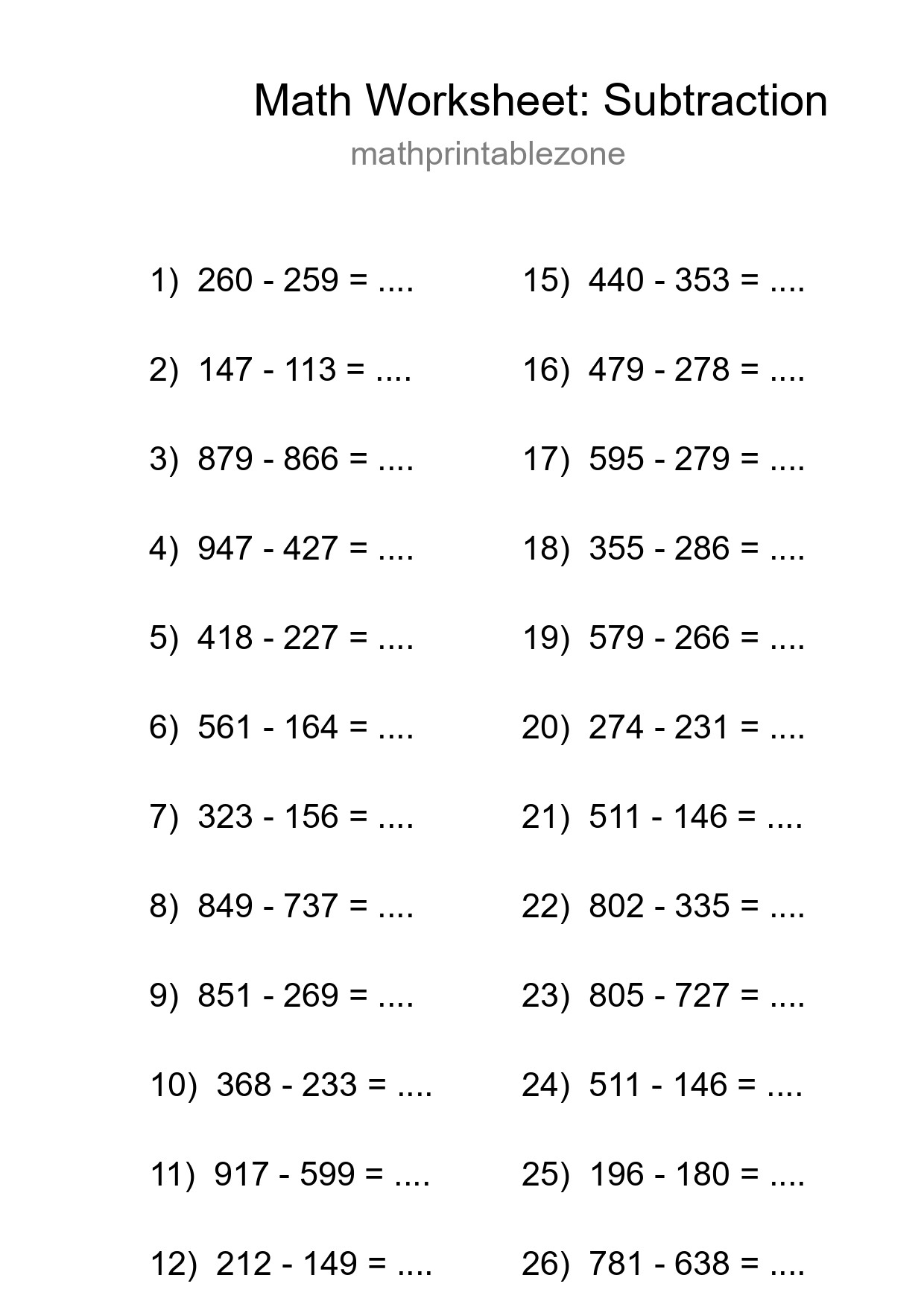 Printable Free 28 Subtraction Math Worksheet For Grade 5 - Part 206